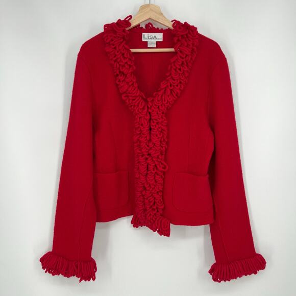 Vintage Lisa International Boiled Wool Cardigan Sweater Large Red V Neck Fringe - Picture 1 of 10
